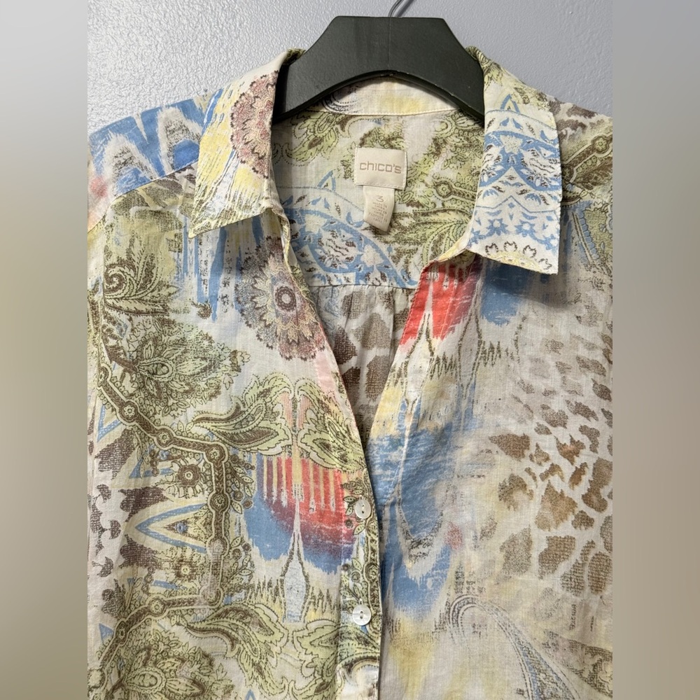 Chico's 100% Cotton Multicolor Patterned Button D… - image 2